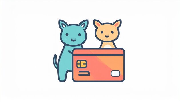 Two cute cartoon cats stand behind a large credit card in a flat illustration style.