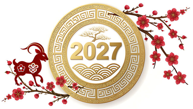 Vibrant Chinese New Year 2027 graphic featuring goat symbol surrounded by blossoming branches and intricate decorative elements transparent background
