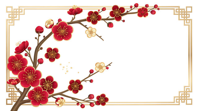 Beautiful decorative branch with red and gold blossoming flowers isolated on transparent background for artistic designs transparent background