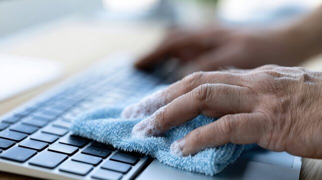 Close-up of hands cleaning a laptop keyboard with a blue microfiber cloth. The person is wiping away dust and grime to maintain the device's hygiene and functionality