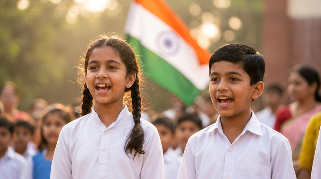 Happy Indian school children singing national anthem with the Indian flag in the background.