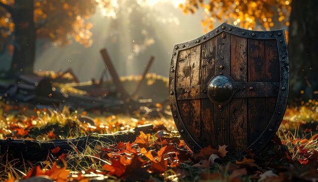 Antique wooden shield resting in autumn forest clearing with sunbeams and fallen leaves
