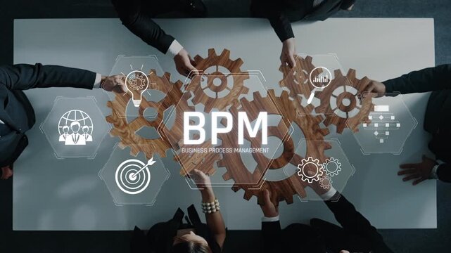 Dynamic teamwork in a corporate setting depicting professionals collaborating on business process management with gears and strategy elements for improved efficiency. Raster