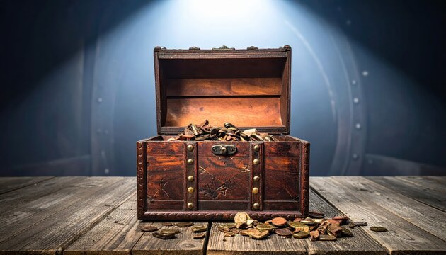 Antique wooden treasure chest overflowing with coins and valuable riches, sitting on rustic wooden planks with dramatic lighting