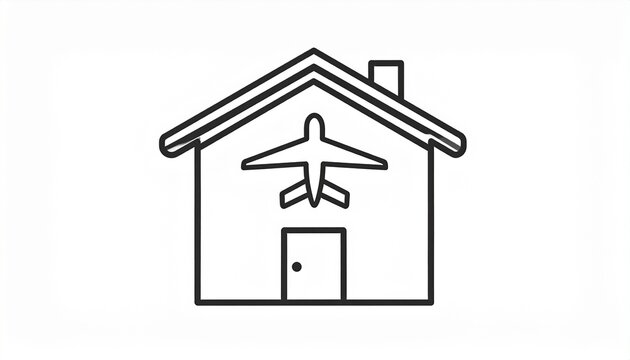 A minimalist line art icon depicts an airplane silhouette centered inside a house outline.