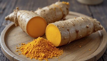Fototapeta premium Two sliced turmeric roots and powder on a wooden plate, creating a rustic and natural feel, AI generated