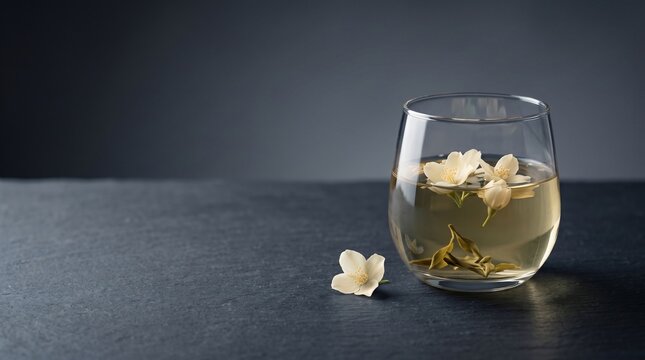 Clear glass cup filled with fragrant jasmine tea infused with fresh delicate white blossoms with jasmine flowers resting textured slate surface