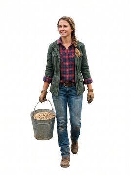 Young woman farmer carrying a bucket of feed wearing plaid shirt and jeans on white background