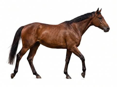 A majestic brown horse with a flowing black mane and tail walks gracefully against a clean white background