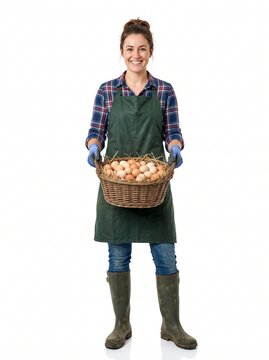 Smiling Farmer Woman Holding a Basket Full of Fresh Eggs Wearing an Apron and Boots