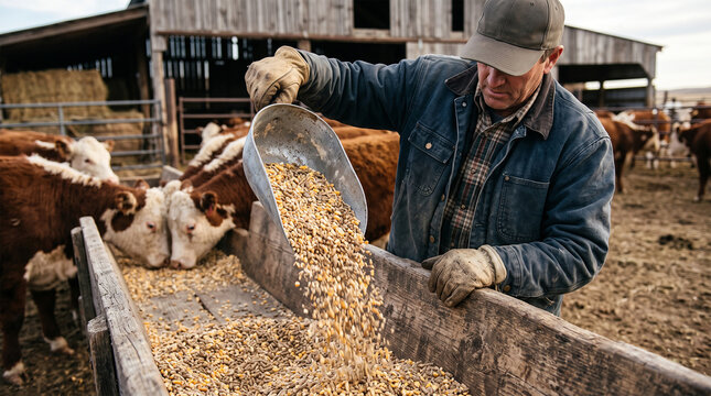 Farmer feeding cattle with grain from a metal scoop in a rustic barnyard setting