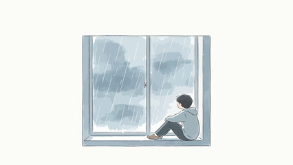 Fototapeta premium A solitary figure sits on a windowsill gazing out at raindrops sliding down the glass in a