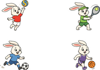 Naklejka premium Cute Cartoon Rabbit Sports Athlete Vector Character Set Featuring Little Bunny Playing Volleyball, Tennis, Soccer, and Basketball on White Background