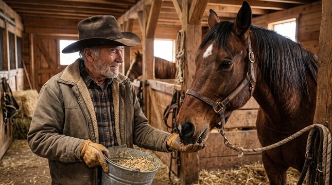 Experienced Rancher in Cowboy Hat Feeds Horse by Hand in Rustic Barn with Hay and Wooden Stalls