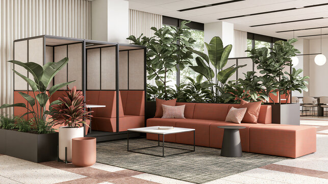 Biophilic Office Lounge With Orange Seating and Indoor Plants