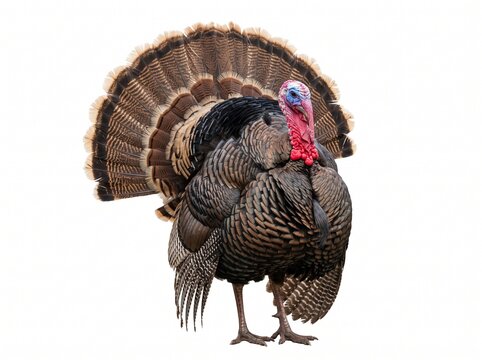 Male Wild Turkey Strutting with Fan Tail Displayed Against White Background