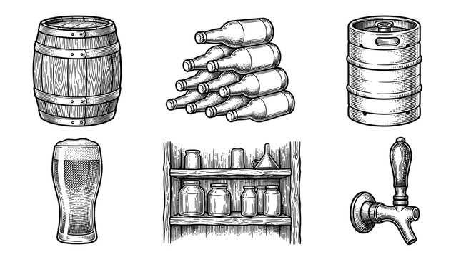 Beer brewing and pub equipment vector illustration set in vintage engraving style