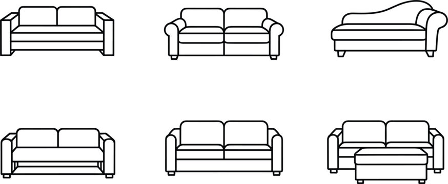 Sofa and couch outline vector icon set with different modern furniture styles living room seating lounger and ottoman isolated on white background