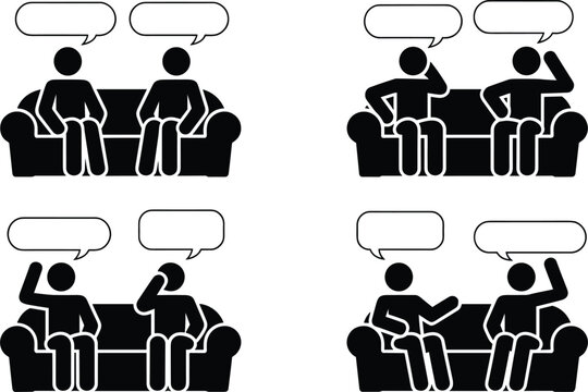 People sitting on sofa chatting and talking stick figure vector icon set with blank speech bubbles communicating discussing thinking and gossiping