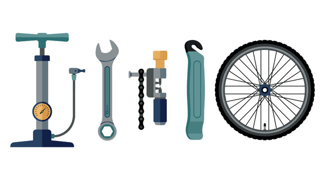 Bicycle repair and maintenance equipment vector illustration set featuring pump, wrench, chain breaker, tire lever, and wheel