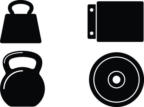 Gym Weight Icon Set with Kettlebell Barbell Plate and Heavy Fitness Equipment Symbols