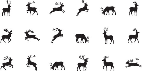 Fototapeta premium Dynamic Collection Of Reindeer Silhouettes In Various Poses And Actions For Winter Themes