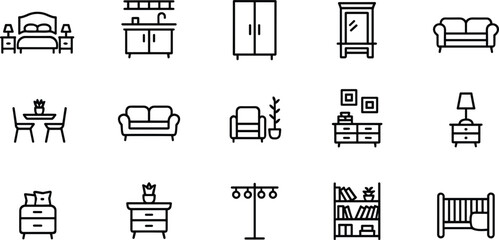 Home house interior furniture and kitchen fixtures line icon set featuring minimalist outline vector symbols of beds tables sofas bookshelves and lamps © Md