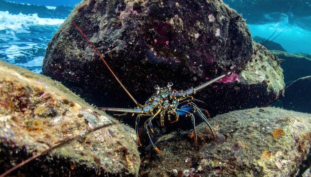 Lobster resting on rocks under blue ocean water.