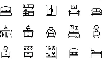 Home house interior furniture and kitchen fixture line icon set featuring minimalist outline vector symbols of beds tables sofas bookshelves and lamp © Md