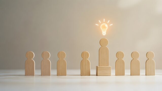Leadership and team innovation concept featuring a unique wooden figure standing out on a pedestal with a glowing lightbulb representing a bright business idea