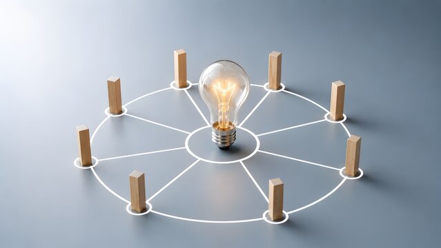 Team collaboration and brainstorming network concept showing a central glowing lightbulb connected to wooden blocks representing distributed business strategy