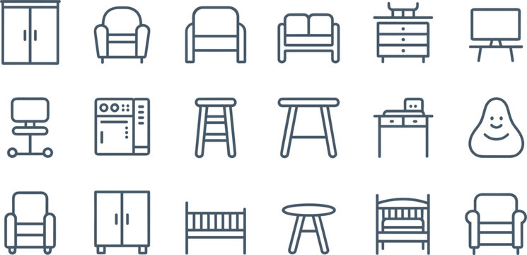 Home and nursery furniture line icon set featuring minimalist outline vector symbols of beds tables armchairs cribs wardrobes and baby room elements