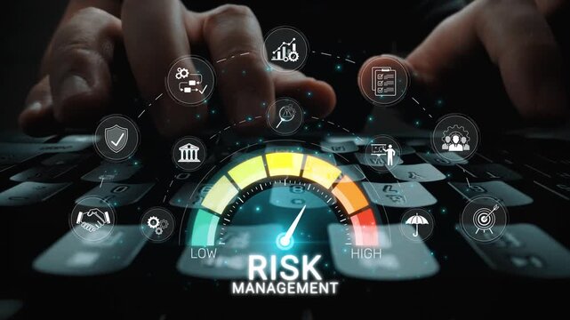 Graphic representation of risk management concept with keyboard and digital icons showcasing various aspects of business risk evaluation and mitigation strategies Sigmoid