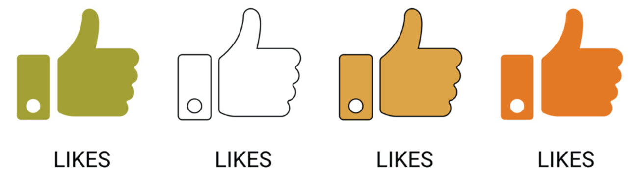 Thumbs up and social media likes icon set, positive feedback approval symbol, agree appreciation button and creative digital communication vector.
