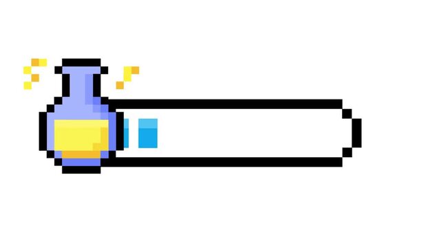 Pixel art game UI element featuring a magic potion bottle and partially filled blue progress bar, representing health, mana, or energy for a retro gaming theme