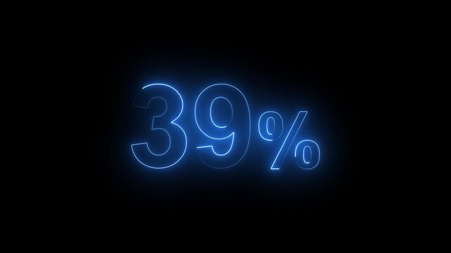 Glowing Neon Blue 39 Percent Sign Animation on Black Background. Percentage Number.