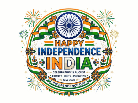 Happy Independence Day India Circular Emblem with Flags, Fireworks & Ashoka Chakra