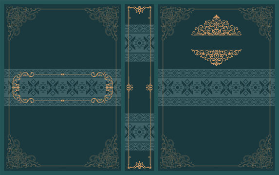 Vintage book cover featuring gold lines and a dark green background, adorned with tribal patterns.