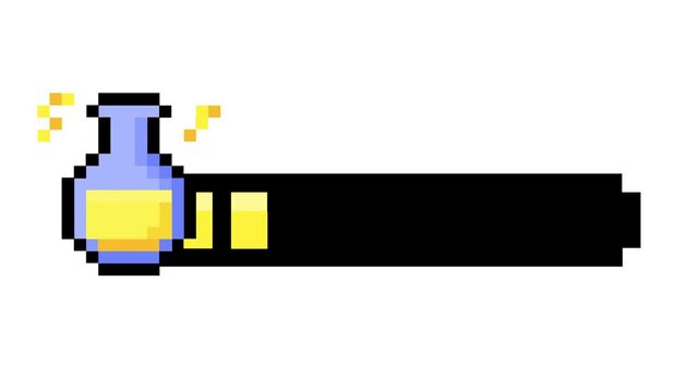 Dynamic pixel art gaming concept featuring a glowing magic potion bottle linked to an energy or health bar, illustrating vital in-game progress and interactive UI elements