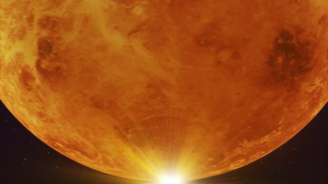 Venus atmosphere background with glowing yellow sulfuric acid clouds in dark space in 4K Ultra HD footage.
