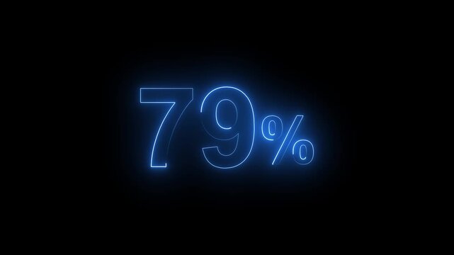 Glowing Neon Blue 79 Percent Sign Animation on Black Background. Percentage Number.