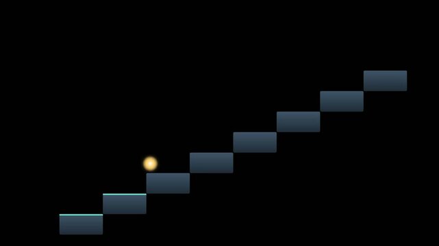 Glowing orb climbing an ascending staircase toward a radiant peak, career growth and success ladder motion graphic on transparent background