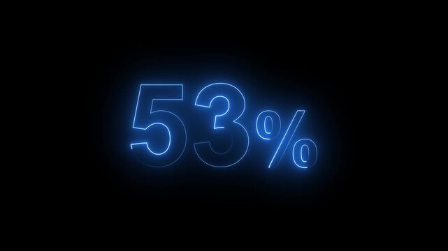 Glowing Neon Blue 53 Percent Sign Animation on Black Background. Percentage Number.