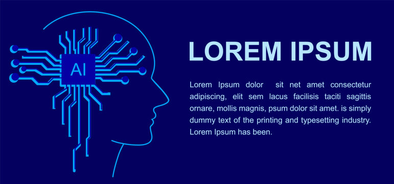 Artificial intelligence design with a human profile featuring a bright digital circuit brain, futuristic technology and machine learning concept on a dark blue background, lorem ipsum text design