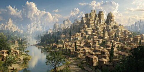 Obraz premium Ancient city on a hillside landscape with river and cloudy sky