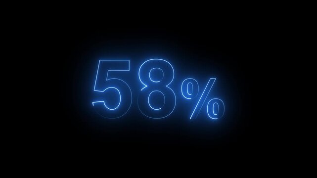 Glowing Neon Blue 58 Percent Sign Animation on Black Background. Percentage Number.