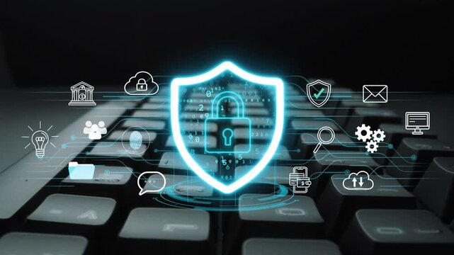 Digital Security Concept with Shield and Icons on Keyboard Representing Cyber Protection, Data Safety, and Online Privacy Solutions. Entropy.