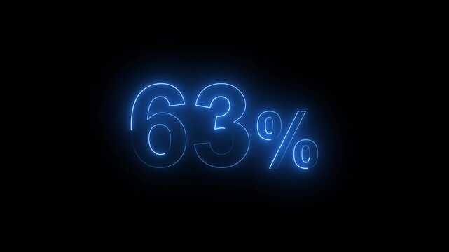 Glowing Neon Blue 63 Percent Sign Animation on Black Background. Percentage Number.