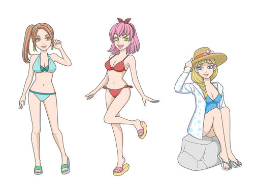 Set of Three Stylish Women in Swimwear with Summer Fashion Isolated on White Background