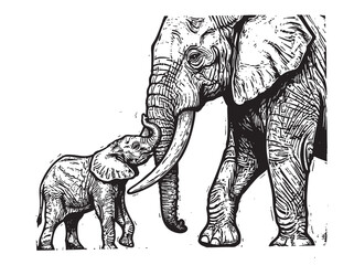Sketch of traditional wild African mother and baby elephant, family illustration in vintage engraving style, wildlife concept art, realistic line drawing, memorial tattoos ideas © হরি চাঁদের চাঁদ